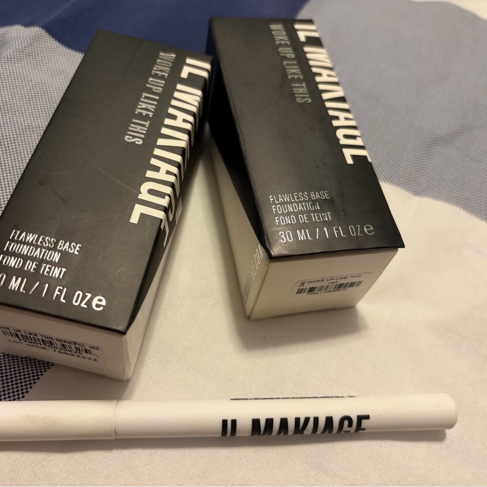 IL MAKIAGE Flawless Base Foundation in 2 shades and a liquid eyeliner.